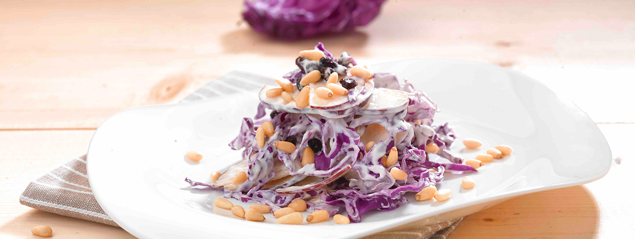 Salat aus Rotkohl, Äpfeln, Rosinen & Pinienkernen mit Senf-Joghurt-Dressing